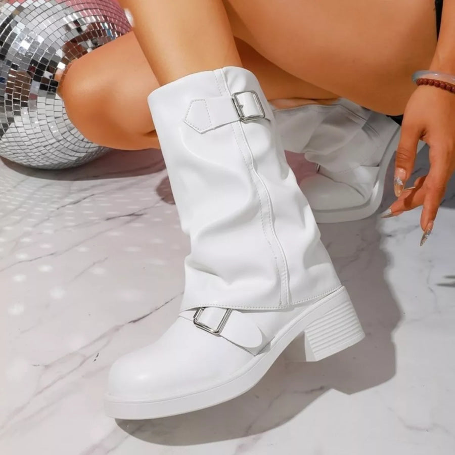 Round Toe Block Heels Boots Apparel and Accessories