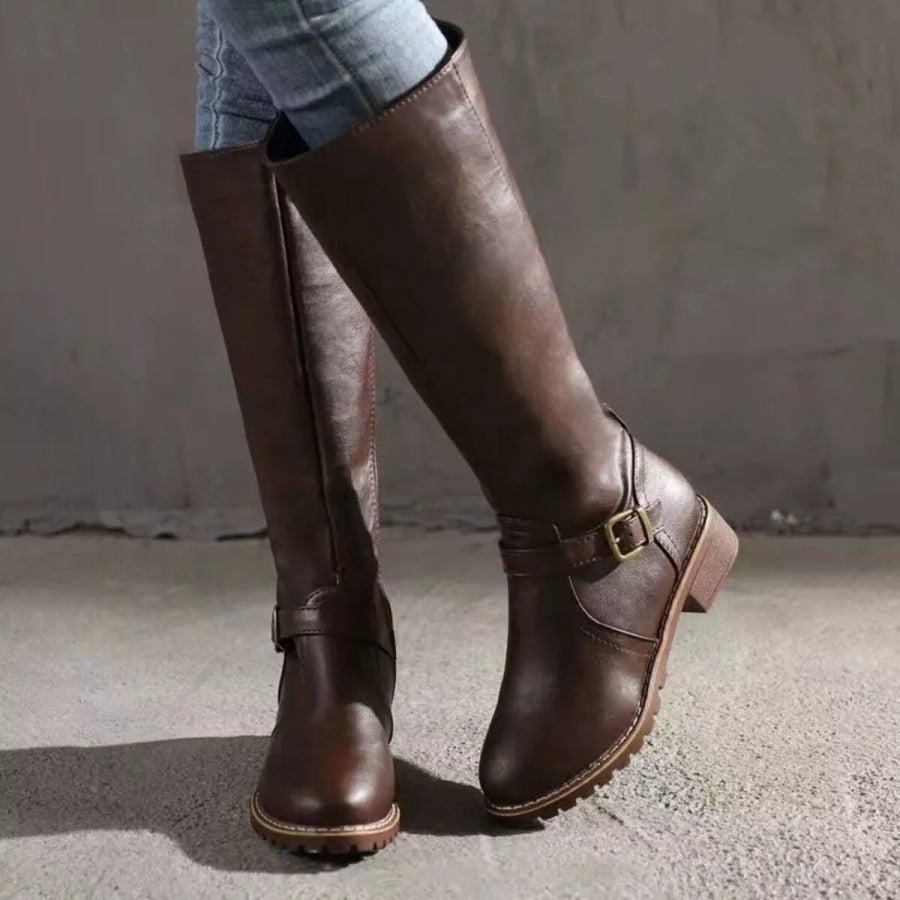Round Toe Block Heels Boots Apparel and Accessories