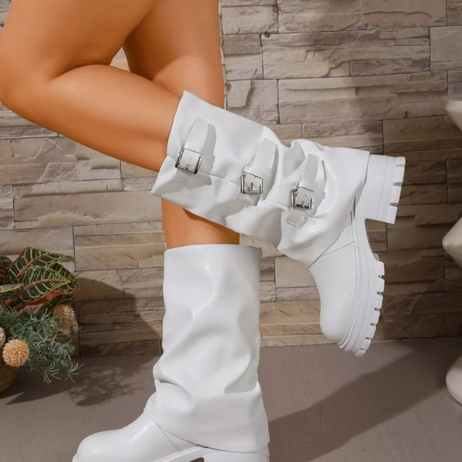 Round Toe Block Heels Boots Apparel and Accessories