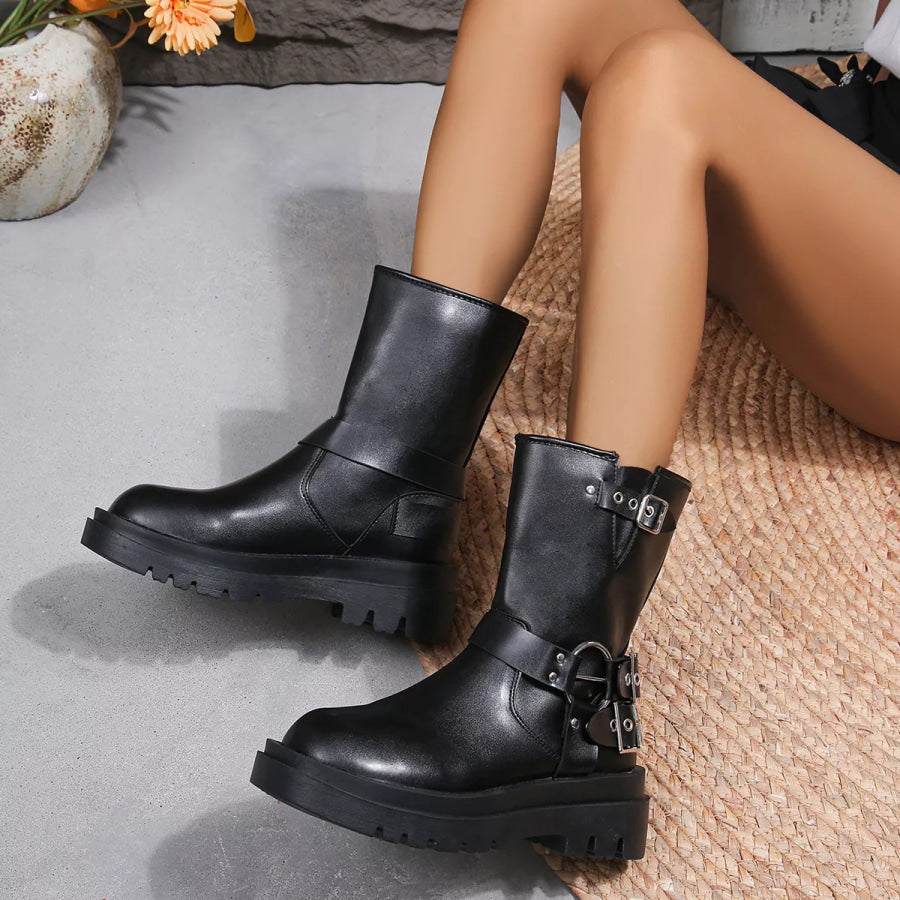 Round Toe Block Heels Boots Apparel and Accessories