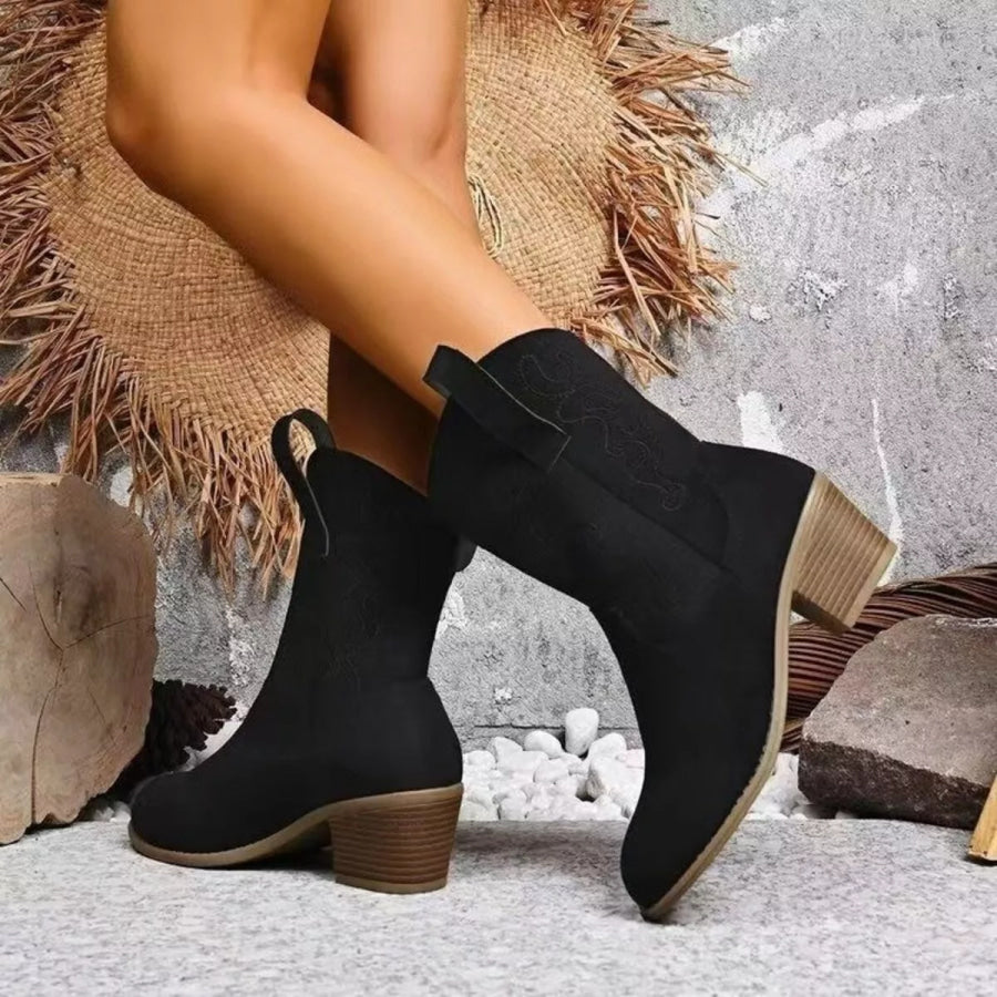 Round Toe Block Heels Boots Black / 36 Apparel and Accessories