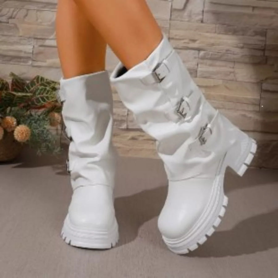 Round Toe Block Heels Boots Apparel and Accessories