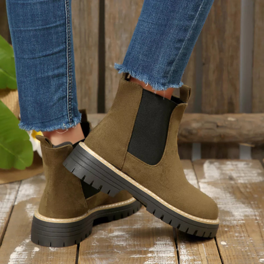 Round Toe Block Heels Boots Army Green / 36 Apparel and Accessories