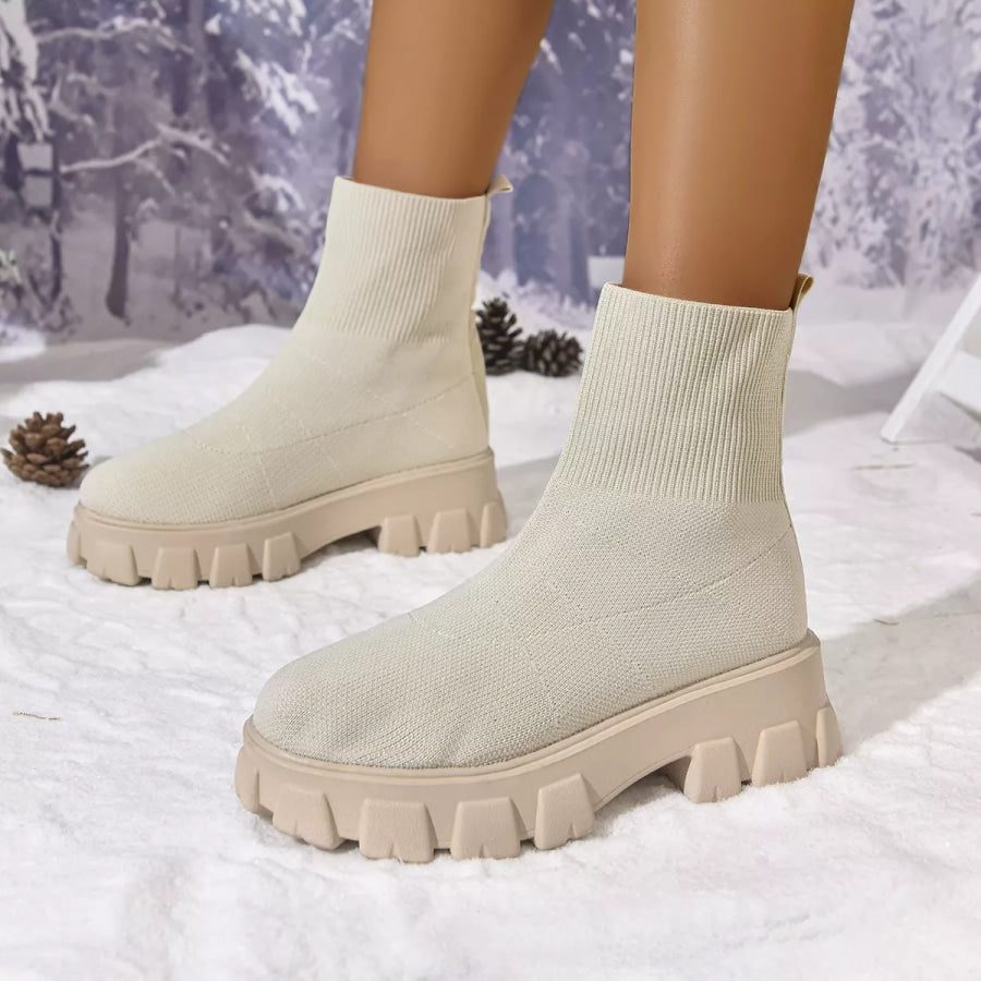 Round Toe Block Heels Boots Beige / 35 Apparel and Accessories