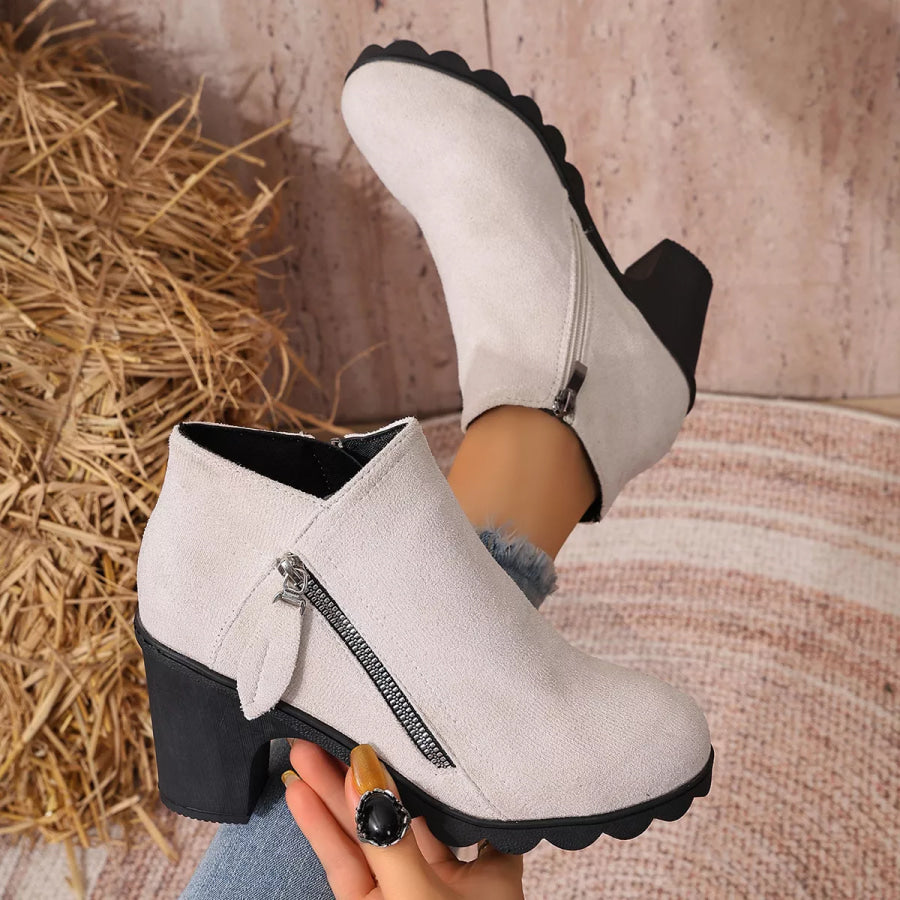 Round Toe Block Heels Boots Beige / 36 Apparel and Accessories
