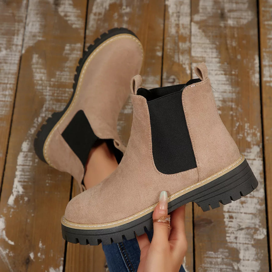 Round Toe Block Heels Boots Beige / 36 Apparel and Accessories