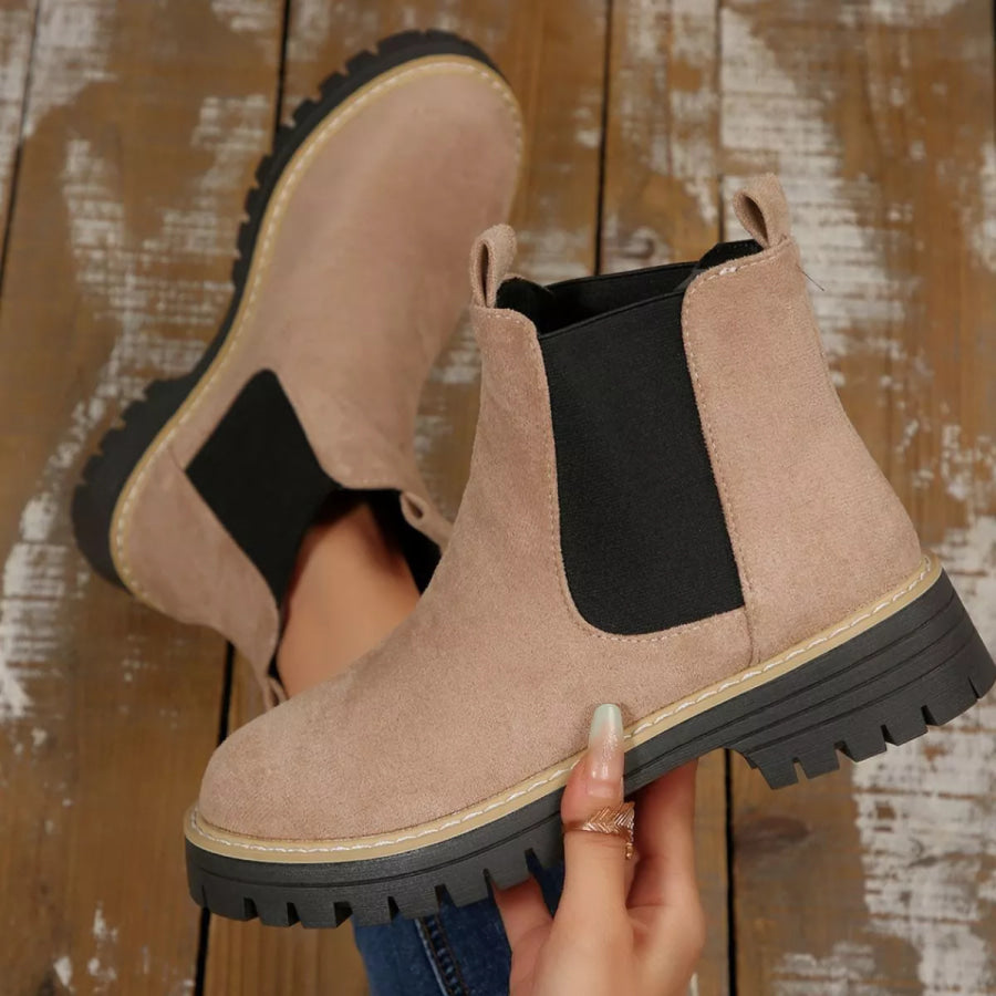 Round Toe Block Heels Boots Beige / 36 Apparel and Accessories