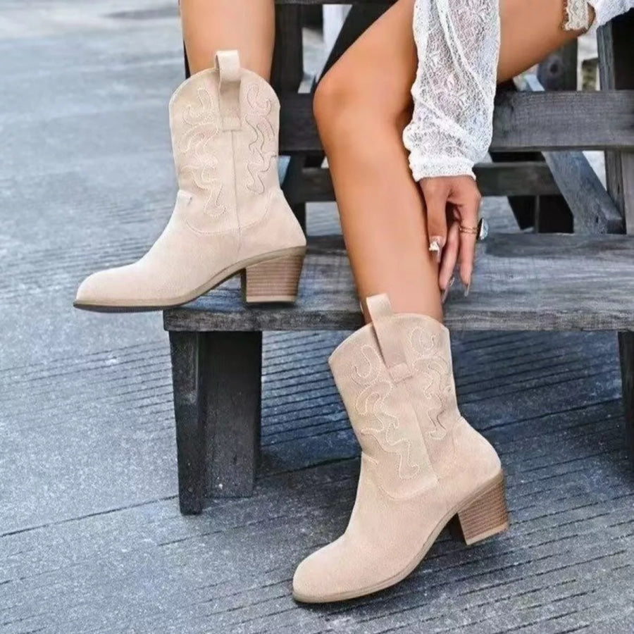 Round Toe Block Heels Boots Beige / 36 Apparel and Accessories