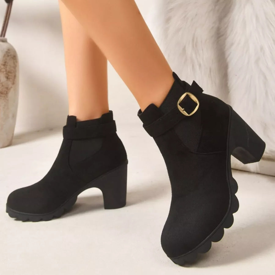Round Toe Block Heels Boots Black / 35 Apparel and Accessories
