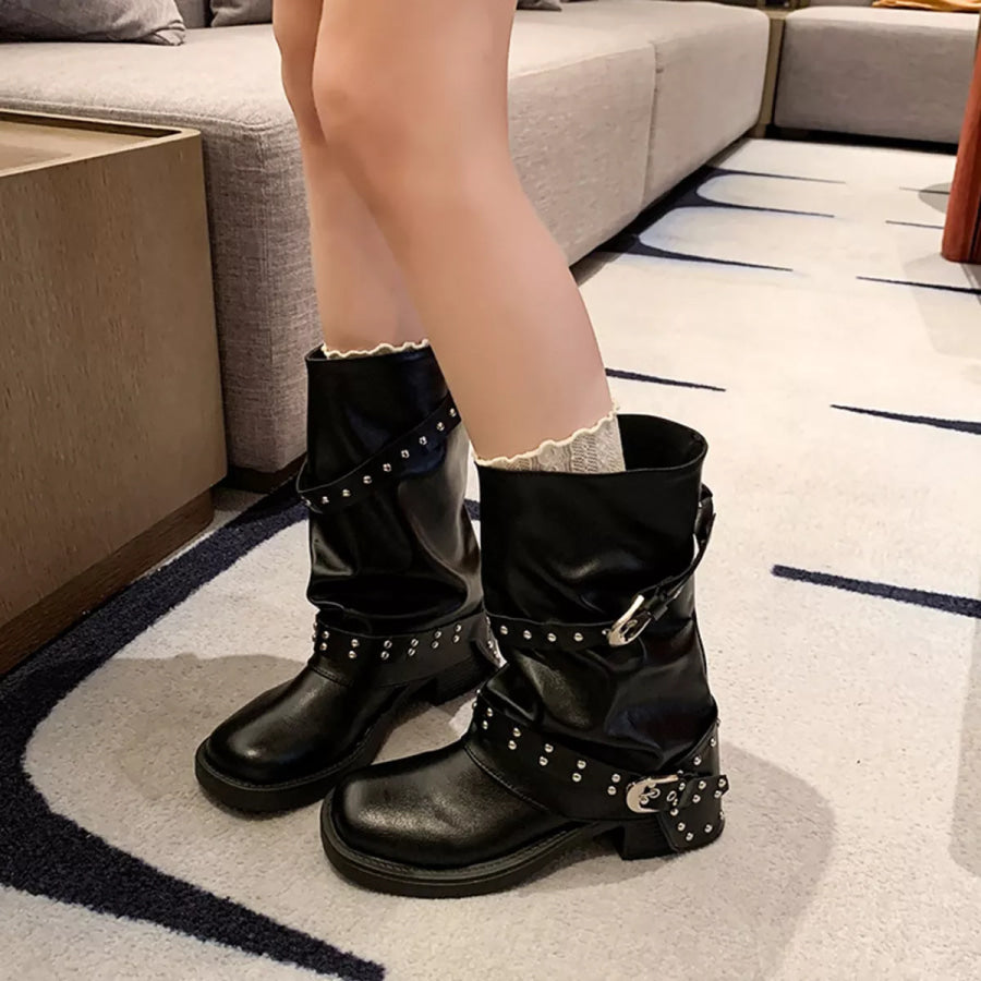 Round Toe Block Heels Boots Apparel and Accessories