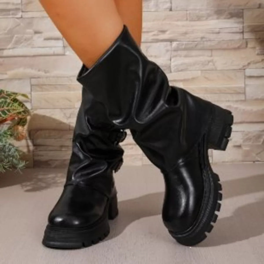 Round Toe Block Heels Boots Black / 35 Apparel and Accessories