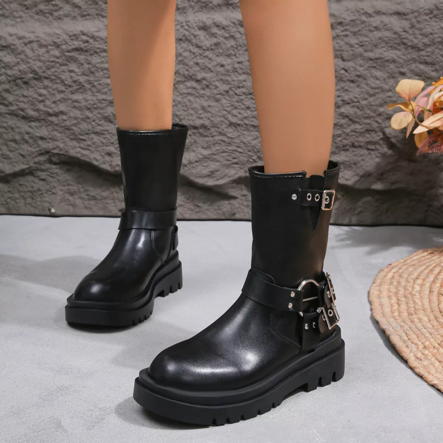 Round Toe Block Heels Boots Black / 35 Apparel and Accessories