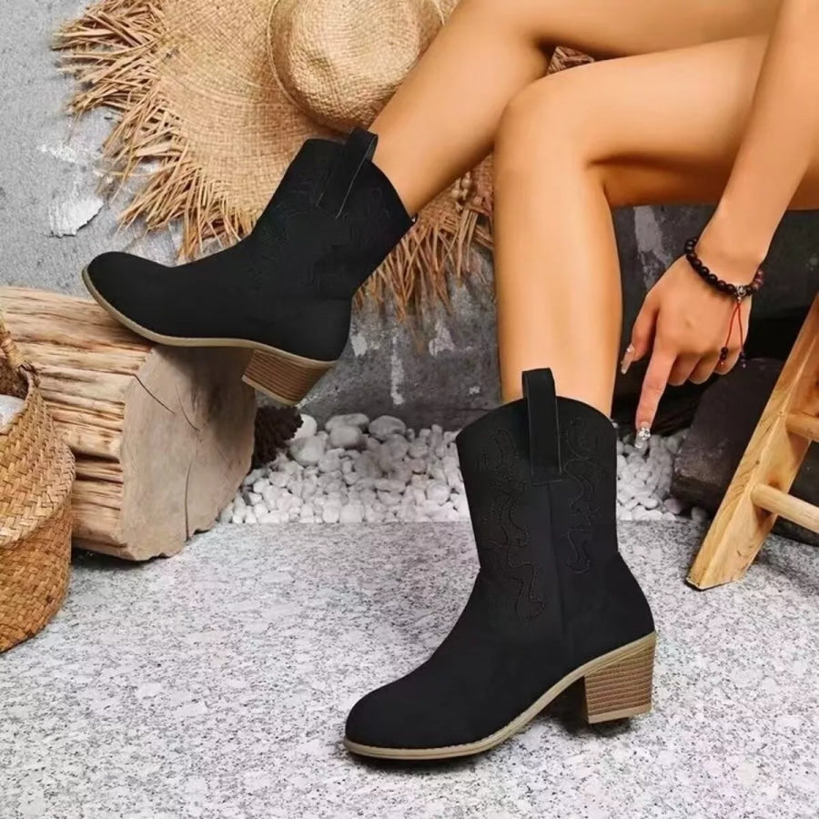 Round Toe Block Heels Boots Black / 36 Apparel and Accessories