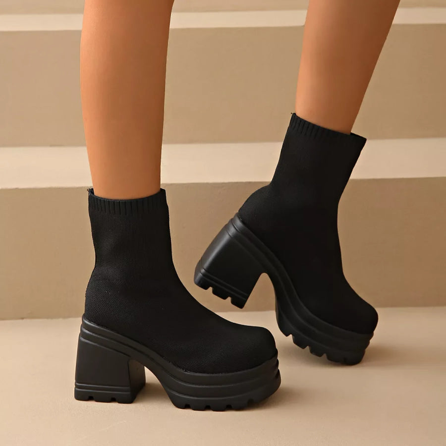 Round Toe Block Heels Boots Black / 36 Apparel and Accessories