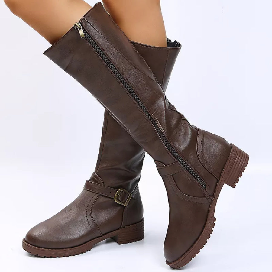 Round Toe Block Heels Boots Black Brown / 35 Apparel and Accessories