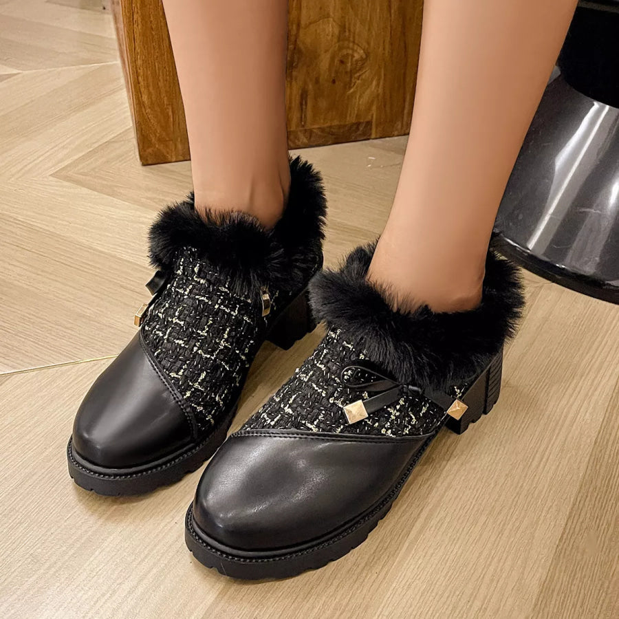 Round Toe Block Heels Boots Black Hairy Mouth / 36 Apparel and Accessories