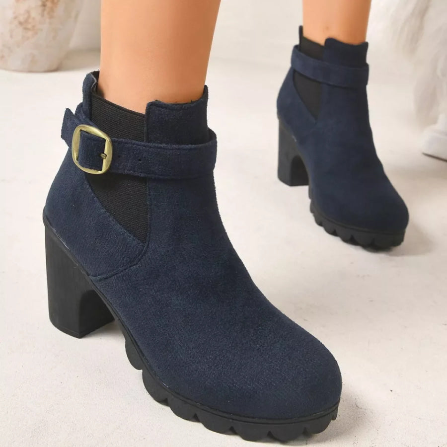 Round Toe Block Heels Boots Blue / 35 Apparel and Accessories