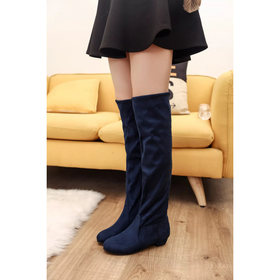 Round Toe Block Heels Boots Blue / 35 Apparel and Accessories