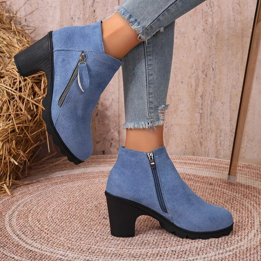 Round Toe Block Heels Boots Blue / 36 Apparel and Accessories