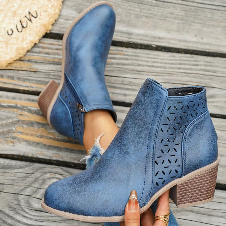 Round Toe Block Heels Boots Blue / 36 footwear