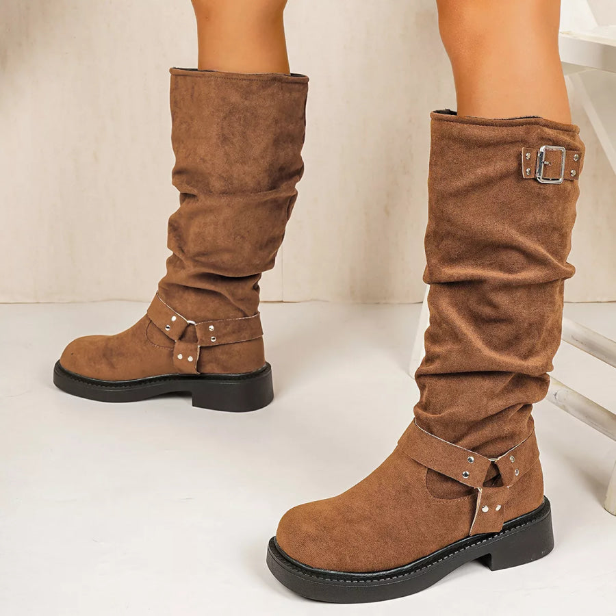 Round Toe Block Heels Boots Brown / 35 Apparel and Accessories