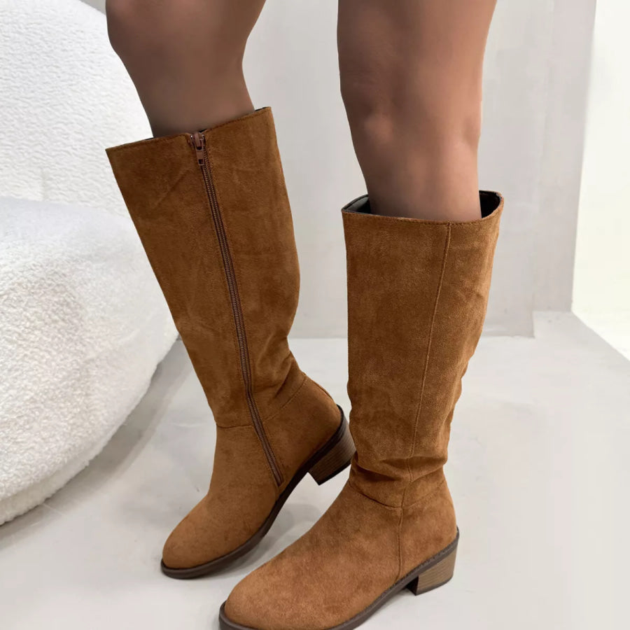 Round Toe Block Heels Boots Brown / 36 Apparel and Accessories
