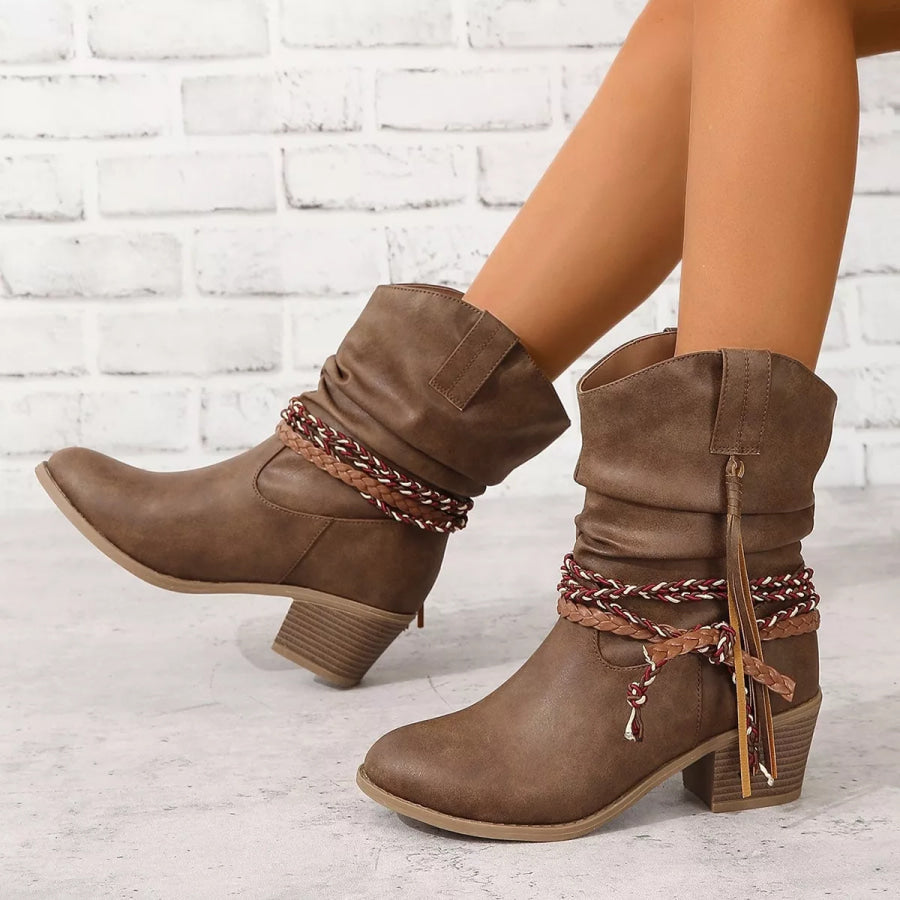 Round Toe Block Heels Boots Brown / 36 Apparel and Accessories
