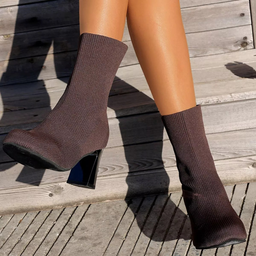 Round Toe Block Heels Boots Brown / 36 Apparel and Accessories