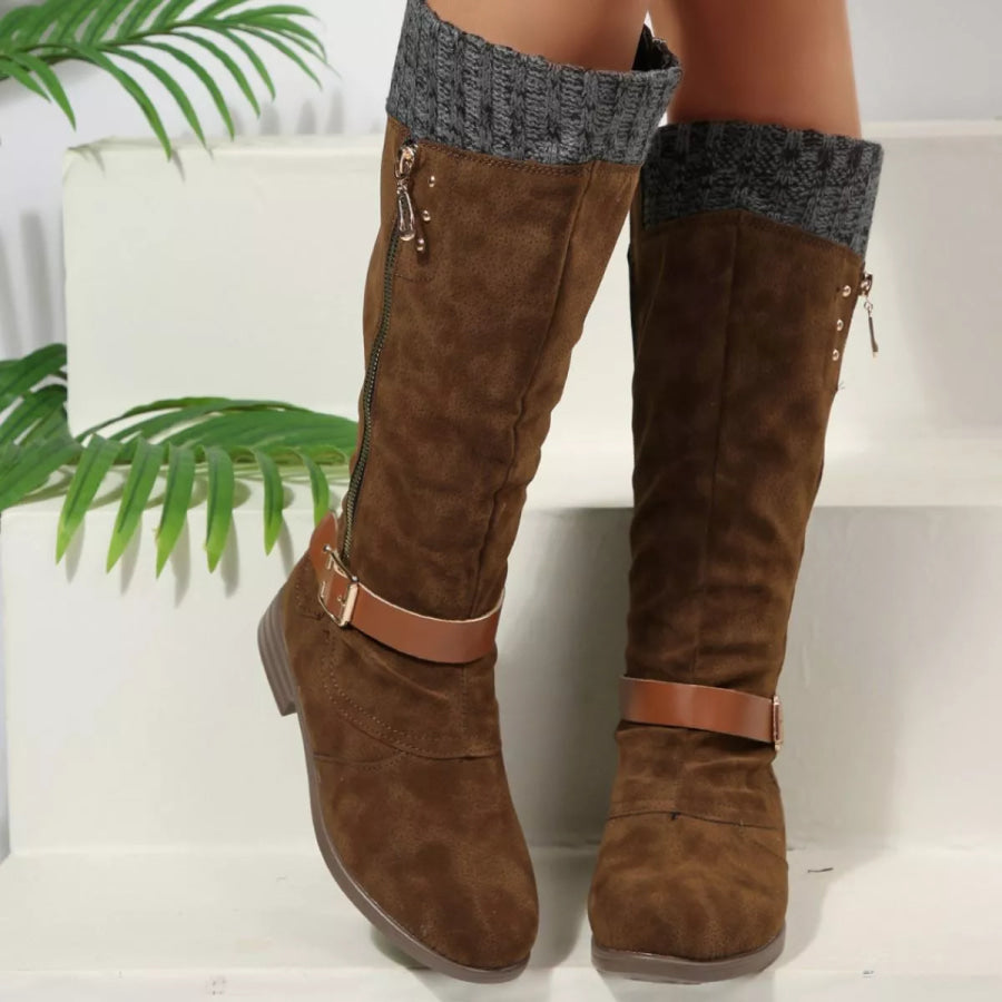 Round Toe Block Heels Boots Brown / 36 Apparel and Accessories