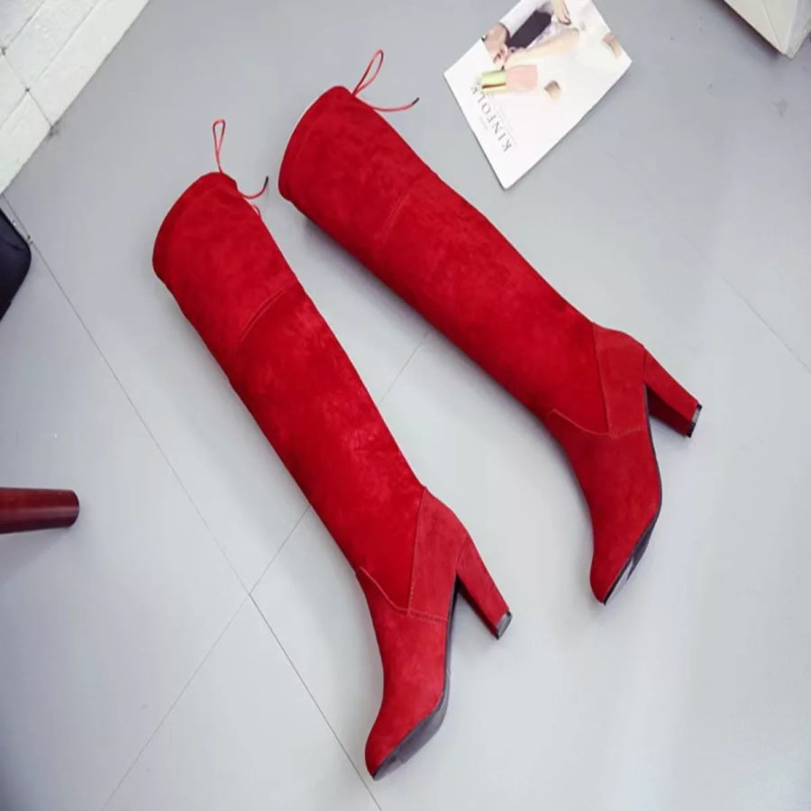 Round Toe Block Heels Boots Burgundy / 35 Apparel and Accessories
