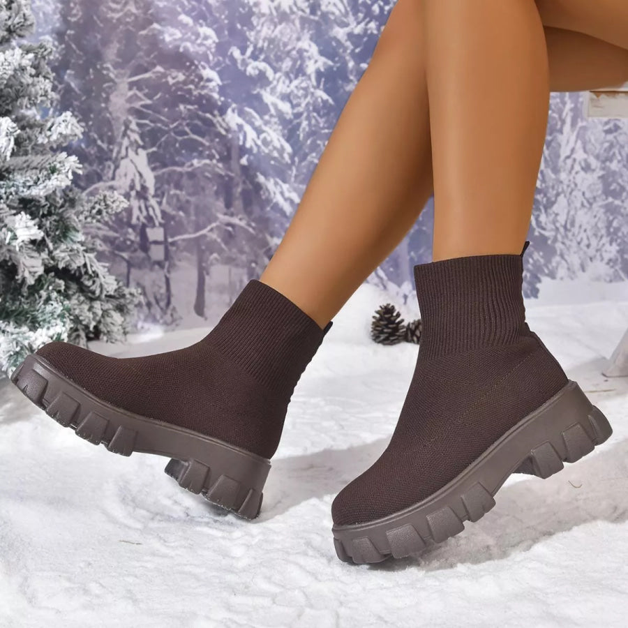 Round Toe Block Heels Boots Chocolate / 35 Apparel and Accessories