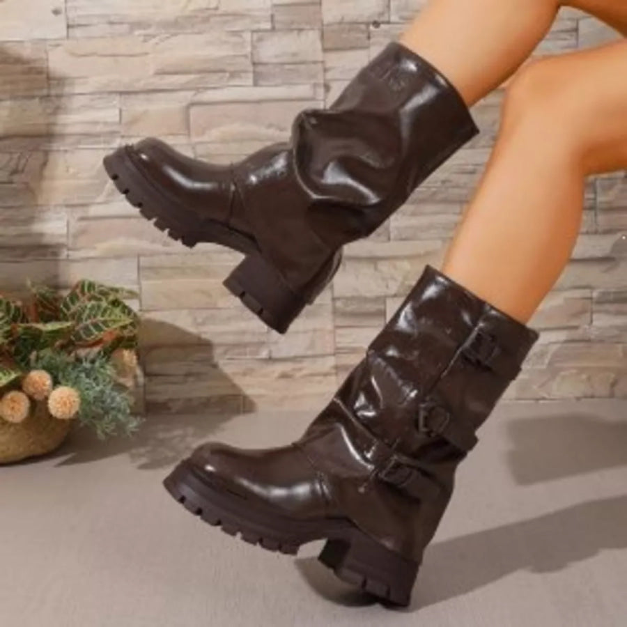 Round Toe Block Heels Boots Coffee Brown / 35 Apparel and Accessories