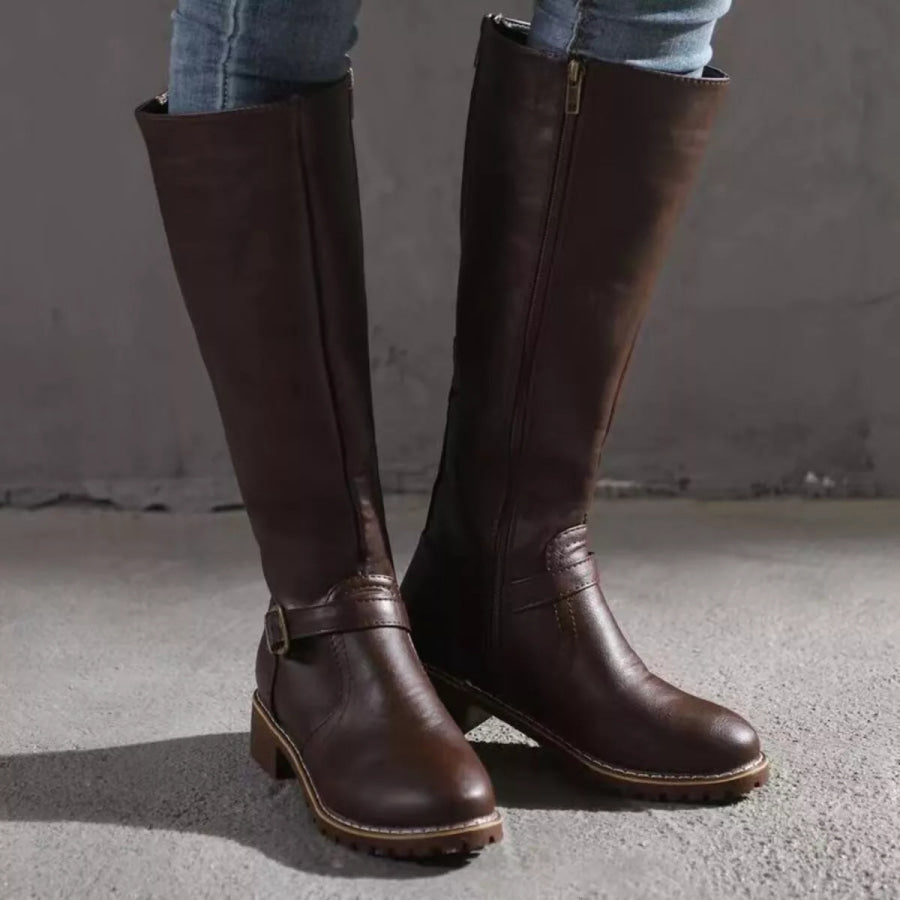 Round Toe Block Heels Boots Dark Brown / 36 Apparel and Accessories