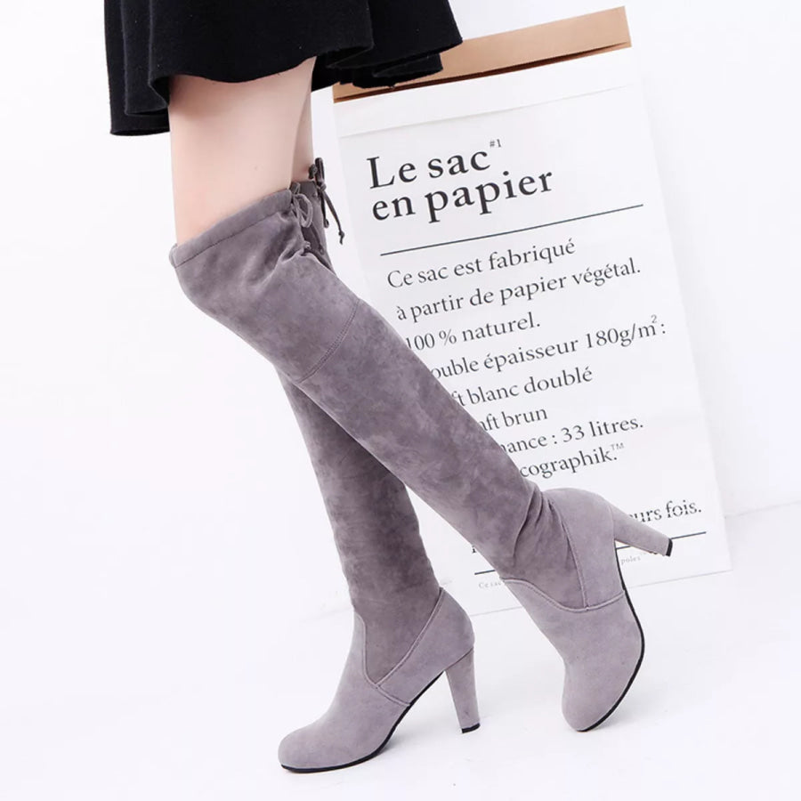 Round Toe Block Heels Boots Gray / 35 Apparel and Accessories
