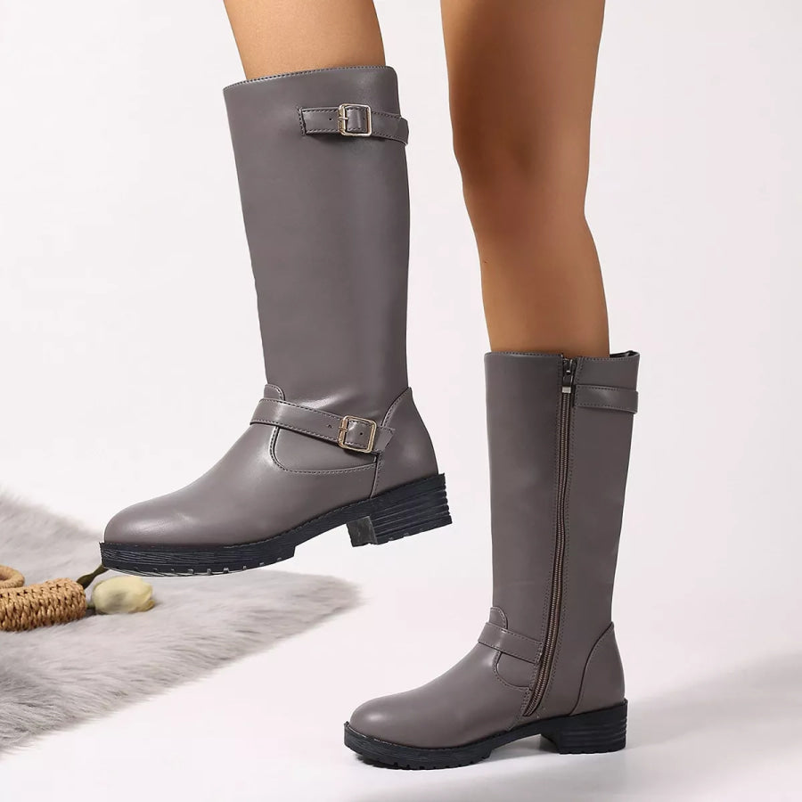 Round Toe Block Heels Boots Gray / 35 Apparel and Accessories