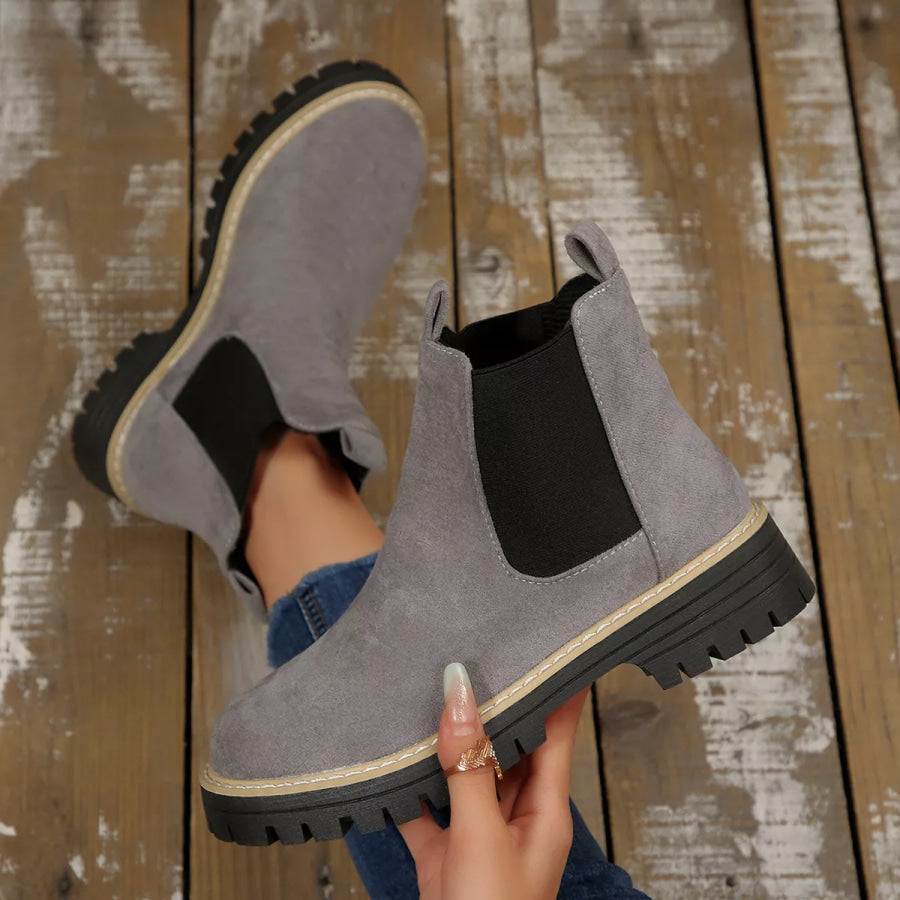 Round Toe Block Heels Boots Gray / 36 Apparel and Accessories