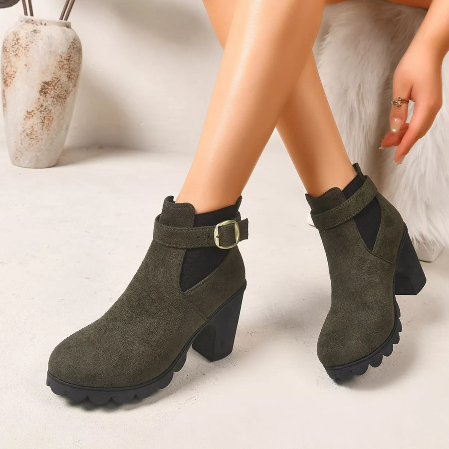 Round Toe Block Heels Boots Green / 35 Apparel and Accessories