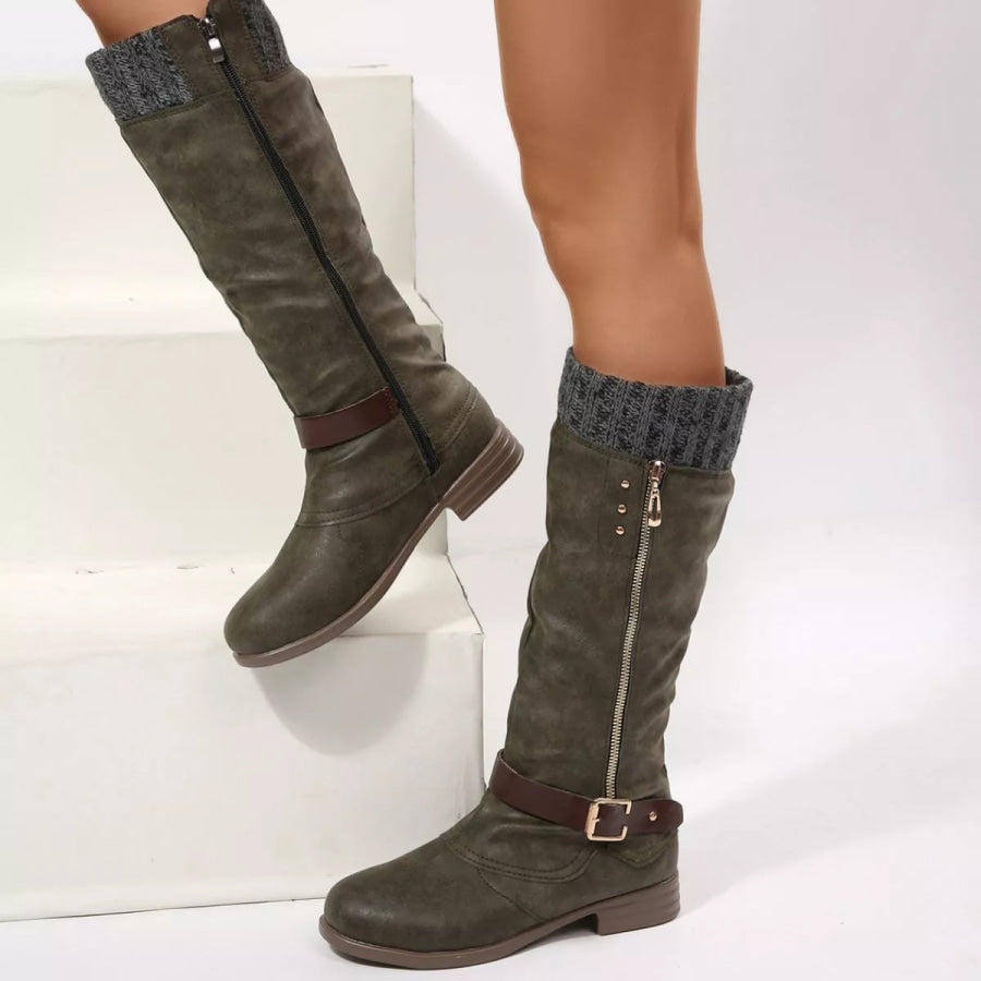 Round Toe Block Heels Boots Green / 36 Apparel and Accessories