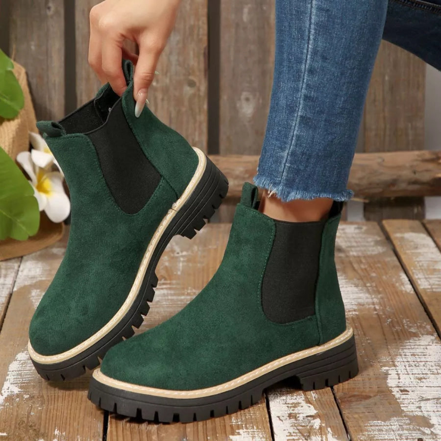 Round Toe Block Heels Boots Green / 36 Apparel and Accessories