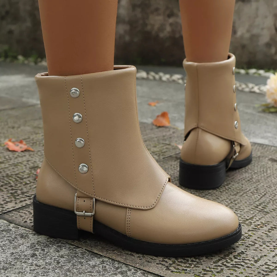 Round Toe Block Heels Boots Ivory / 36 Apparel and Accessories