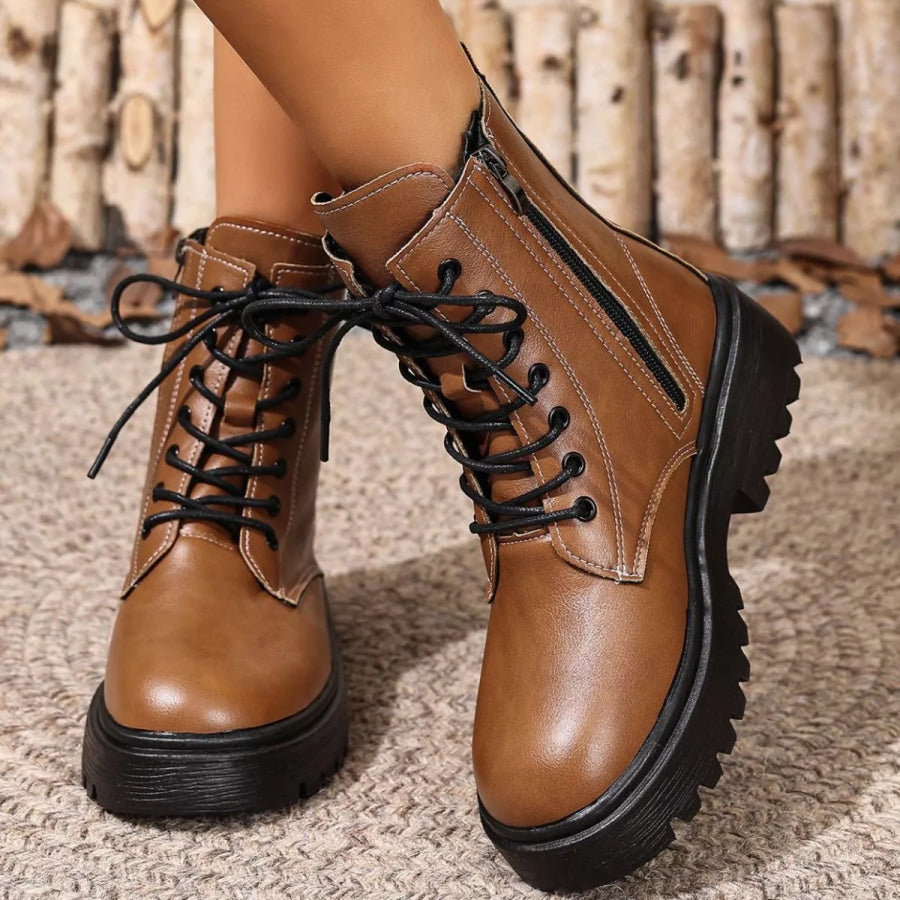 Round Toe Block Heels Boots Khaki / 35 Apparel and Accessories