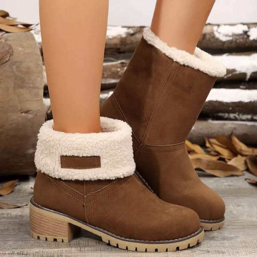 Round Toe Block Heels Boots Khaki / 35 Apparel and Accessories