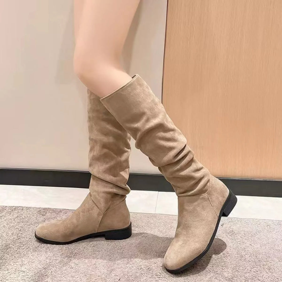 Round Toe Block Heels Boots Khaki / 35 Apparel and Accessories