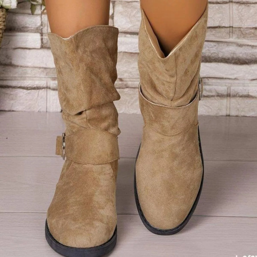Round Toe Block Heels Boots Khaki / 36 Apparel and Accessories