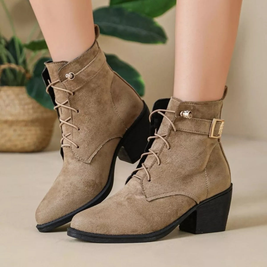 Round Toe Block Heels Boots Khaki / 36 Apparel and Accessories