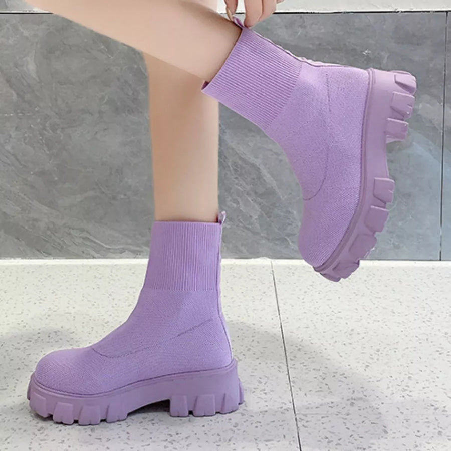 Round Toe Block Heels Boots Lavender / 35 Apparel and Accessories
