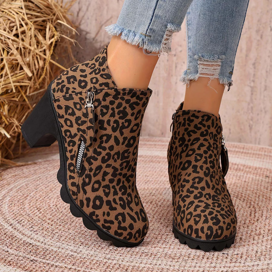 Round Toe Block Heels Boots Leopard Print / 36 Apparel and Accessories