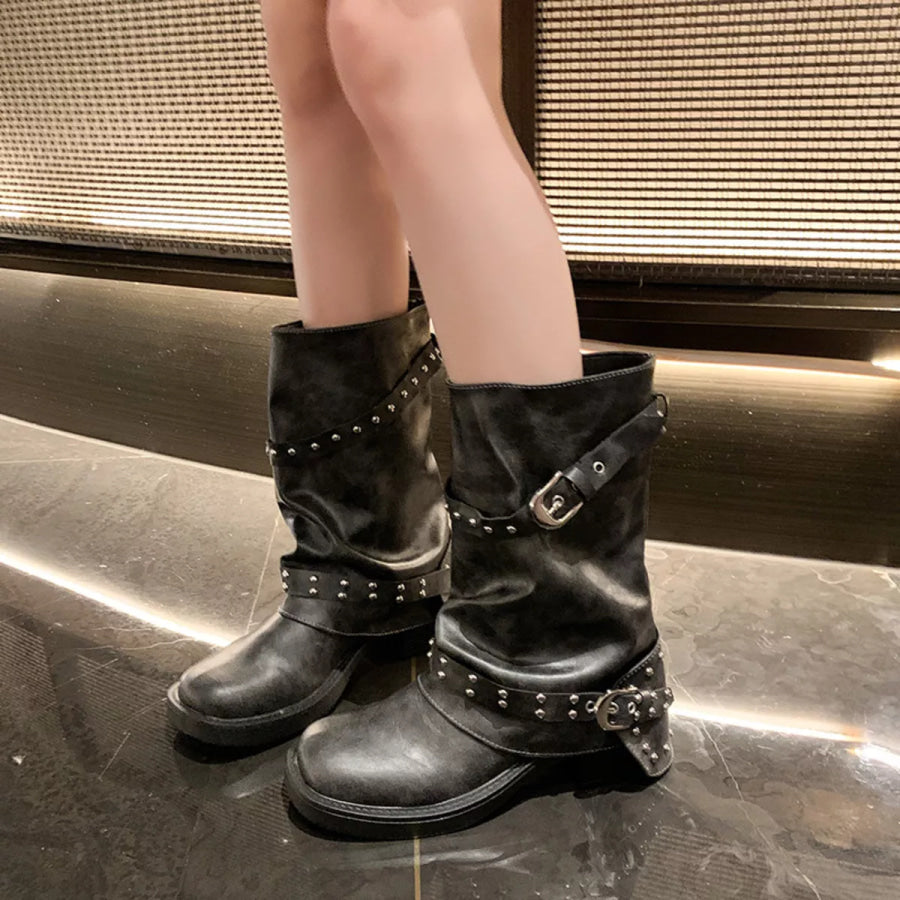 Round Toe Block Heels Boots Light Gray / 35 Apparel and Accessories
