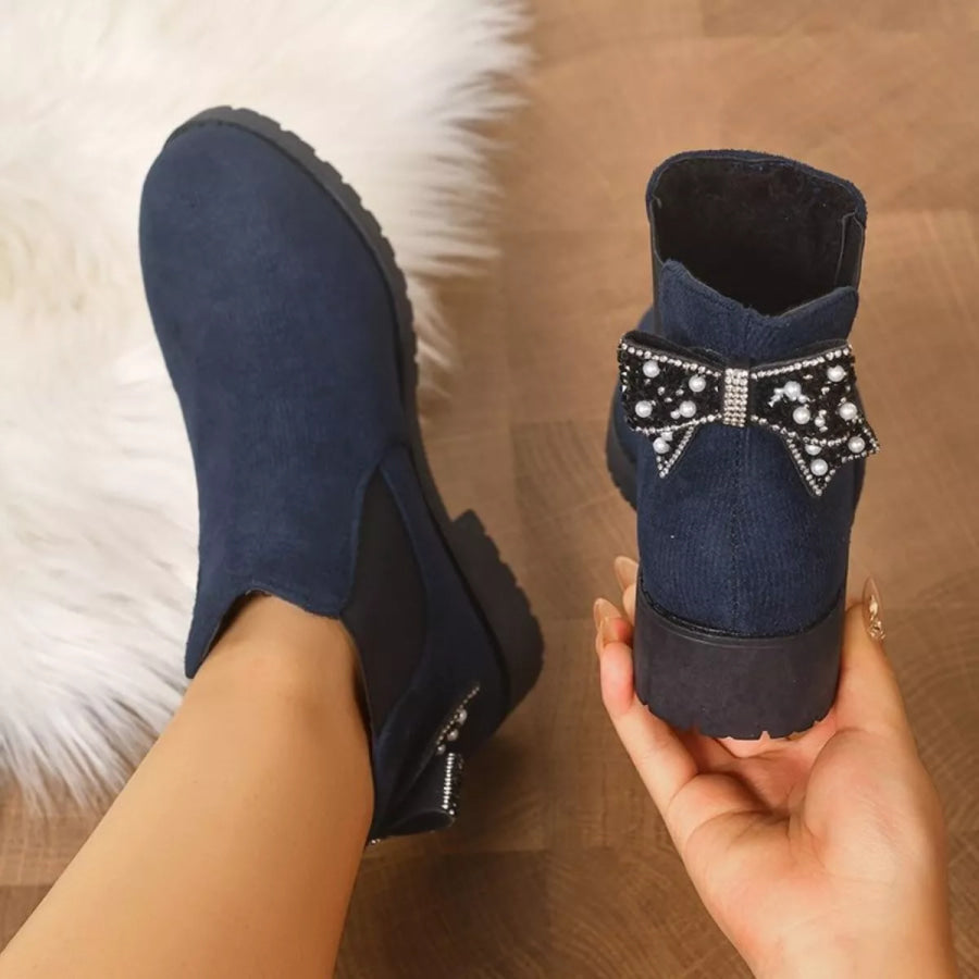 Round Toe Block Heels Boots Navy / 36 Apparel and Accessories