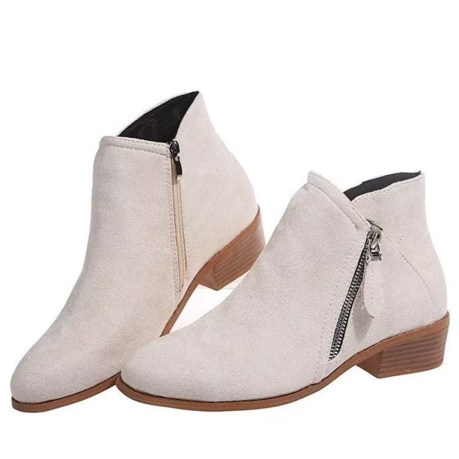 Round Toe Block Heels Boots Off-white / 36 Apparel and Accessories